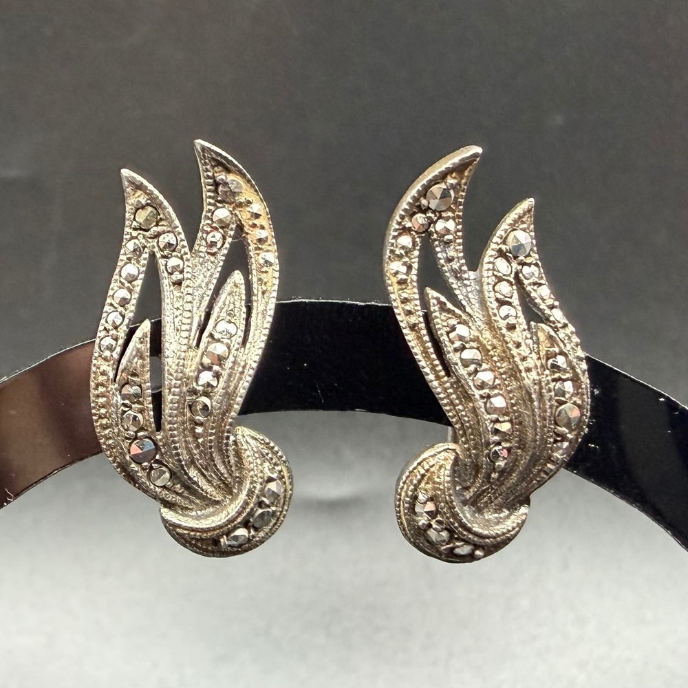 Vintage Sterling Silver Art Deco Earrings Marcasite Flame Screw Back Ear Climber